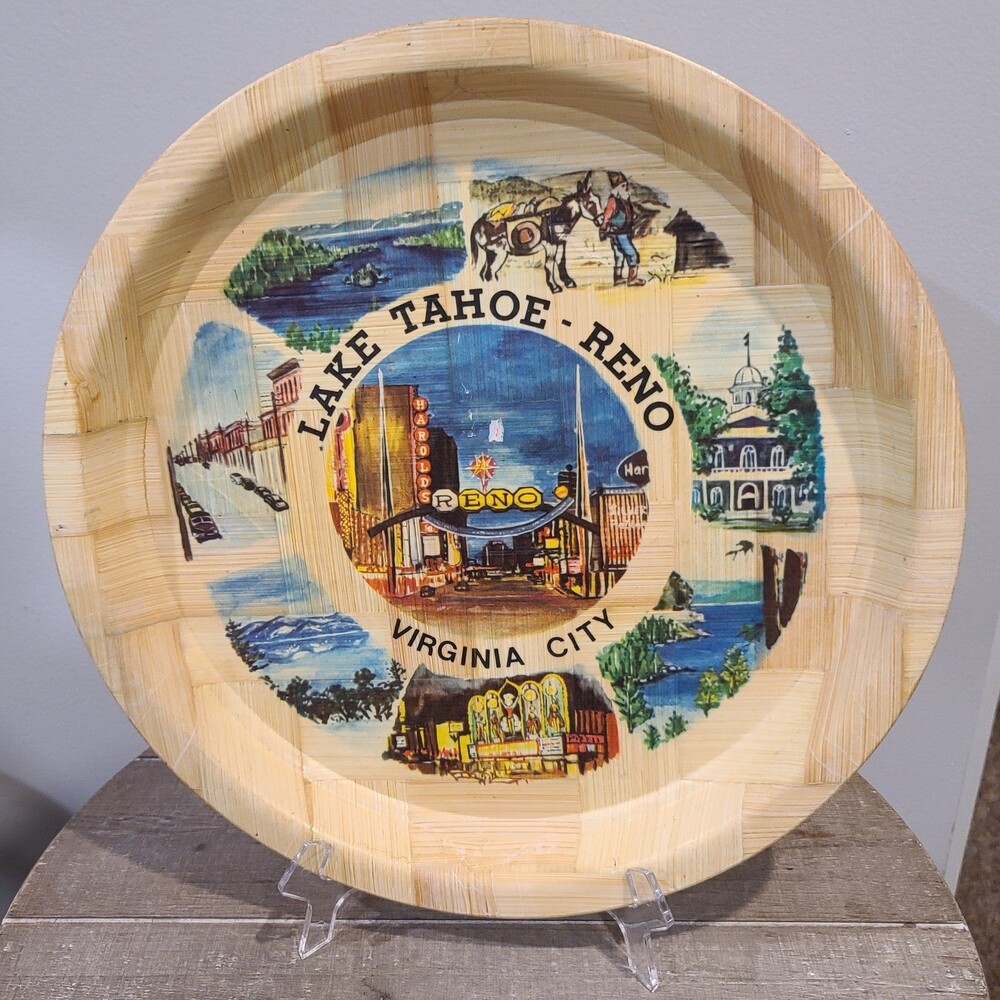 Vintage Lake Tahoe Reno Virginia City Bamboo Souvenir Drink Serving Bar Tray 13"